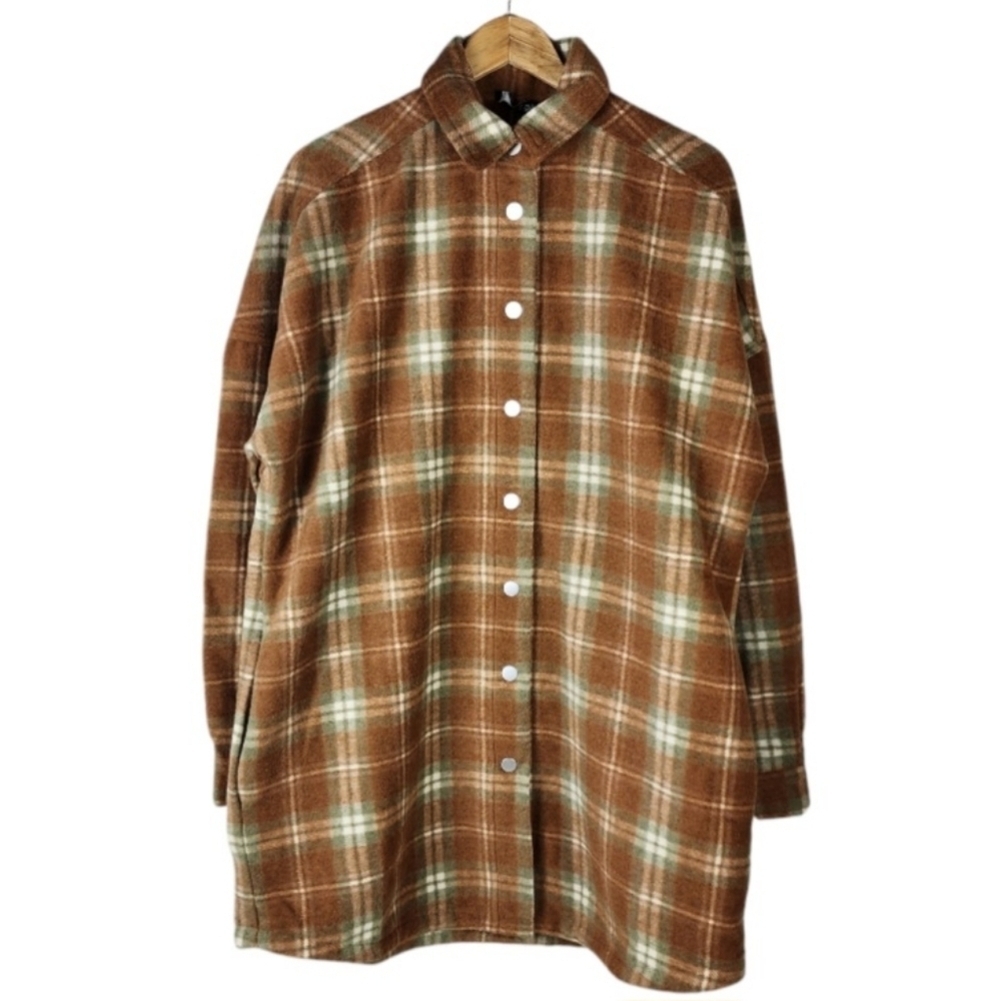 Norah Plaid Oversized Snap Front Shacket Wool Blend Pumpkin Sage Cream Size 44
